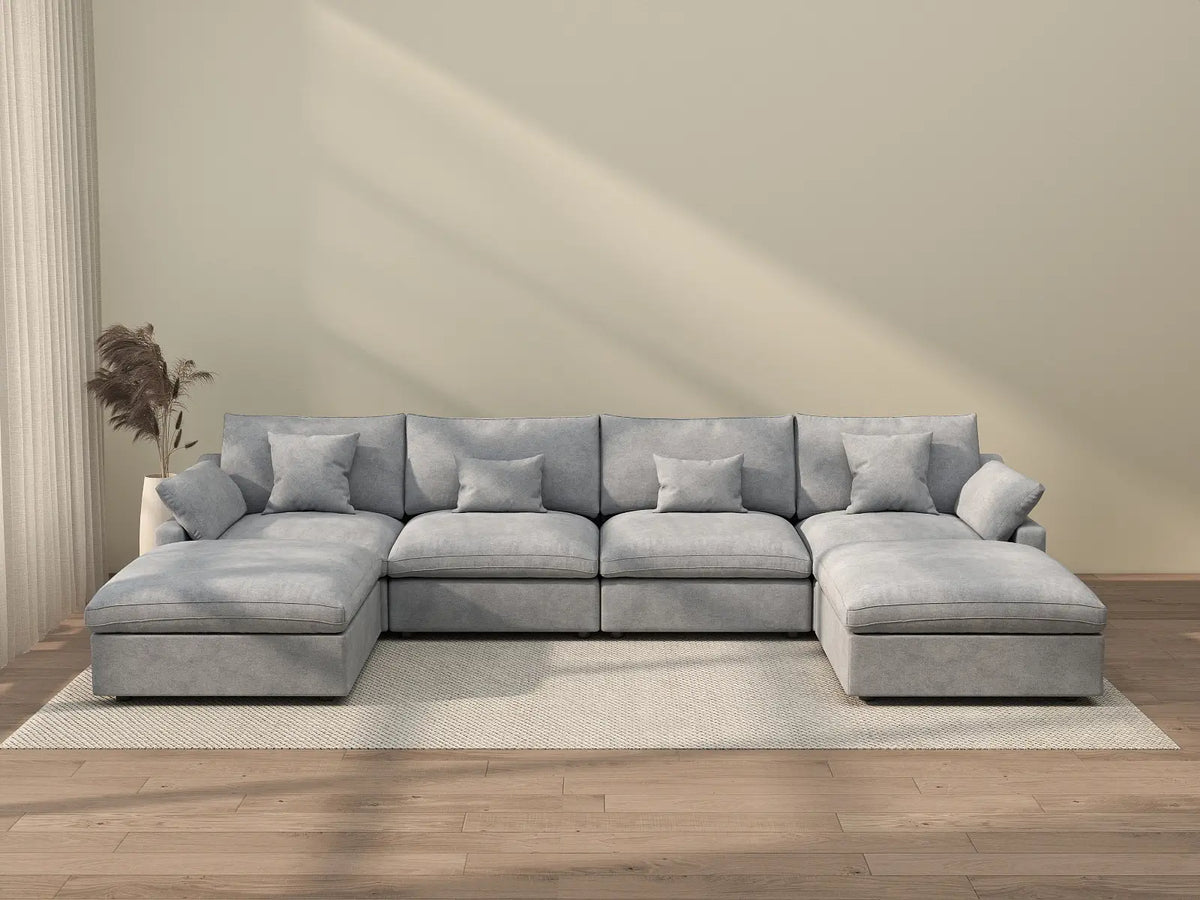 Deluxe Cloud 4-Seater Light-Grey Washable U-Shaped Sectional | 6-Piece (includes 2 Ottomans), Chenille and Linen Fabric, Modular Design