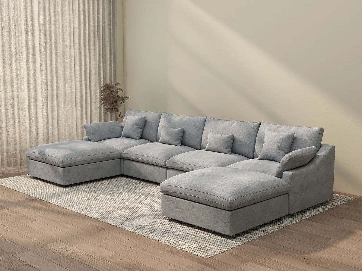 Deluxe Cloud 4-Seater Light-Grey Washable U-Shaped Sectional | 6-Piece (includes 2 Ottomans), Chenille and Linen Fabric, Modular Design
