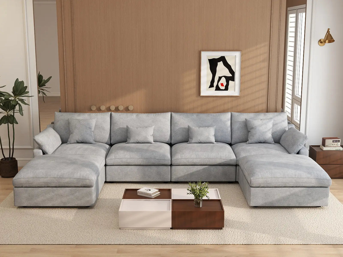 Deluxe Cloud 4-Seater Light-Grey Washable U-Shaped Sectional | 6-Piece (includes 2 Ottomans), Chenille and Linen Fabric, Modular Design