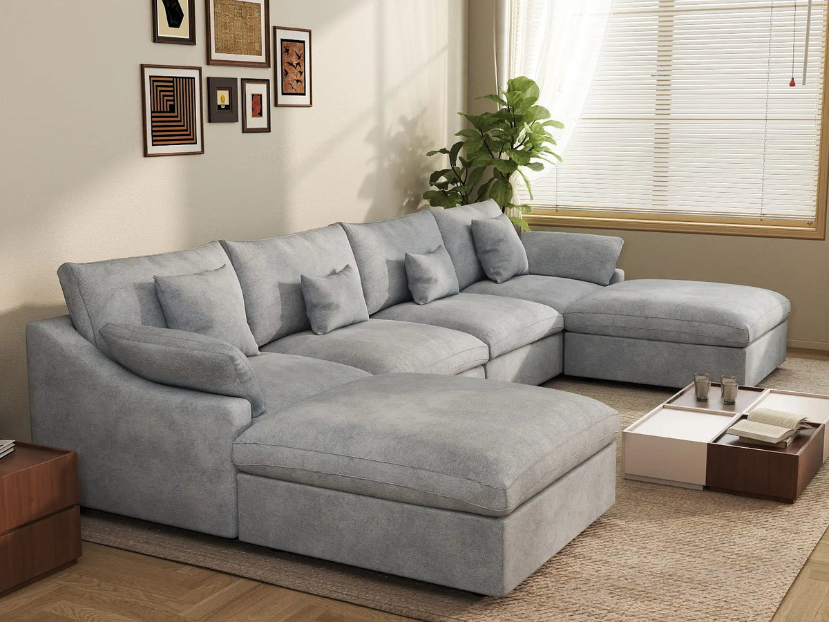 Deluxe Cloud 4-Seater Light-Grey Washable U-Shaped Sectional | 6-Piece (includes 2 Ottomans), Chenille and Linen Fabric, Modular Design