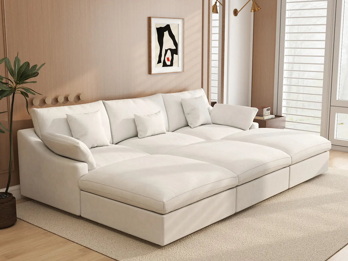 Deluxe Cloud 3-Seater White Washable Pit Sectional | 6-Piece (includes 3 Ottomans), Chenille and Linen Fabric, Modular Design