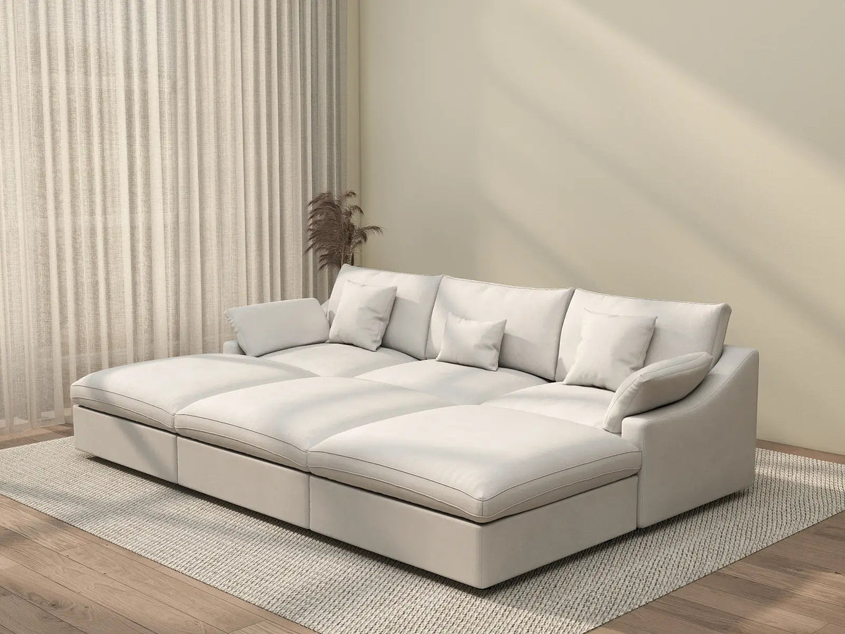 Deluxe Cloud 3-Seater White Washable Pit Sectional | 6-Piece (includes 3 Ottomans), Chenille and Linen Fabric, Modular Design