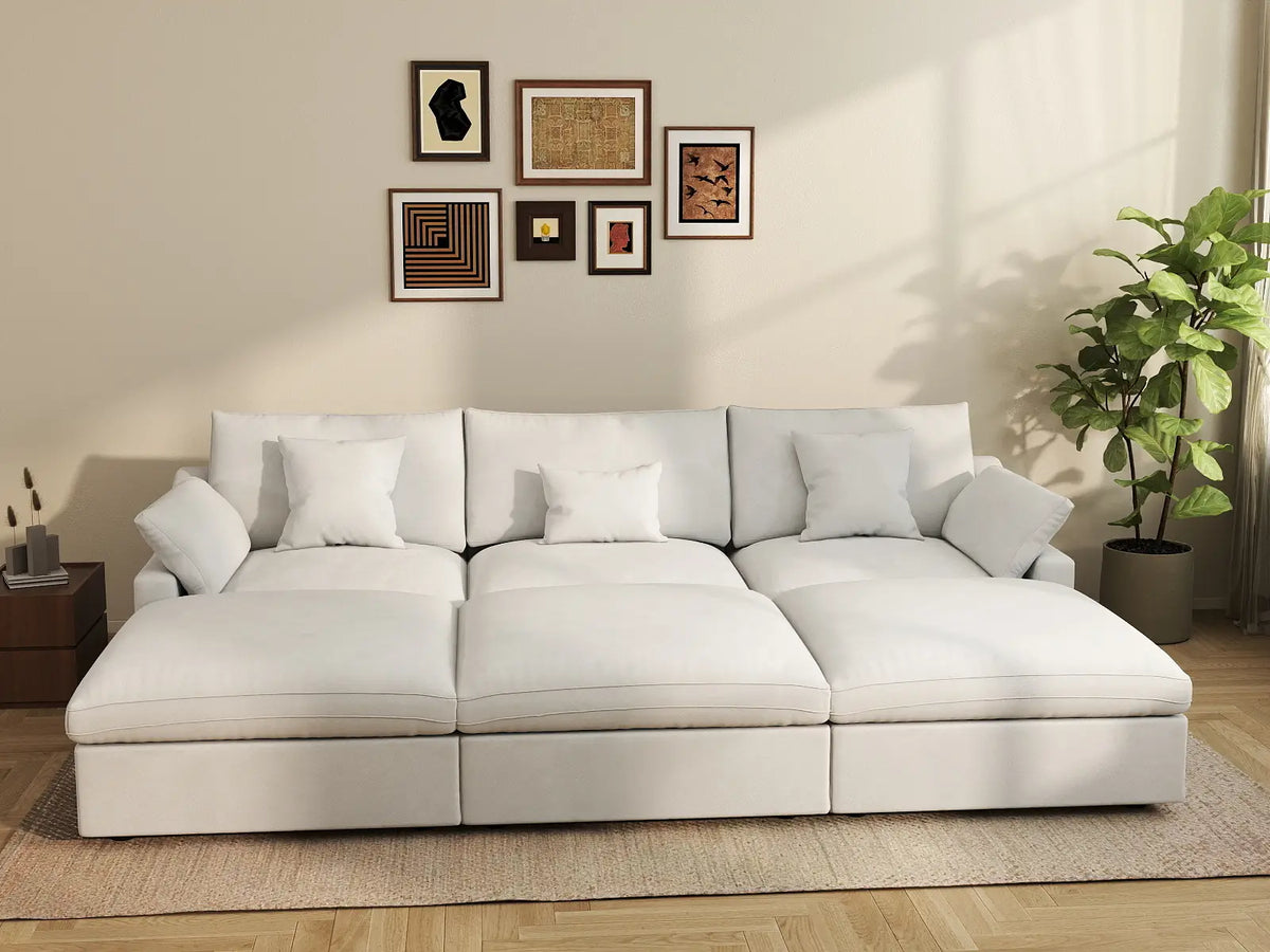Deluxe Cloud 3-Seater White Washable Pit Sectional | 6-Piece (includes 3 Ottomans), Chenille and Linen Fabric, Modular Design