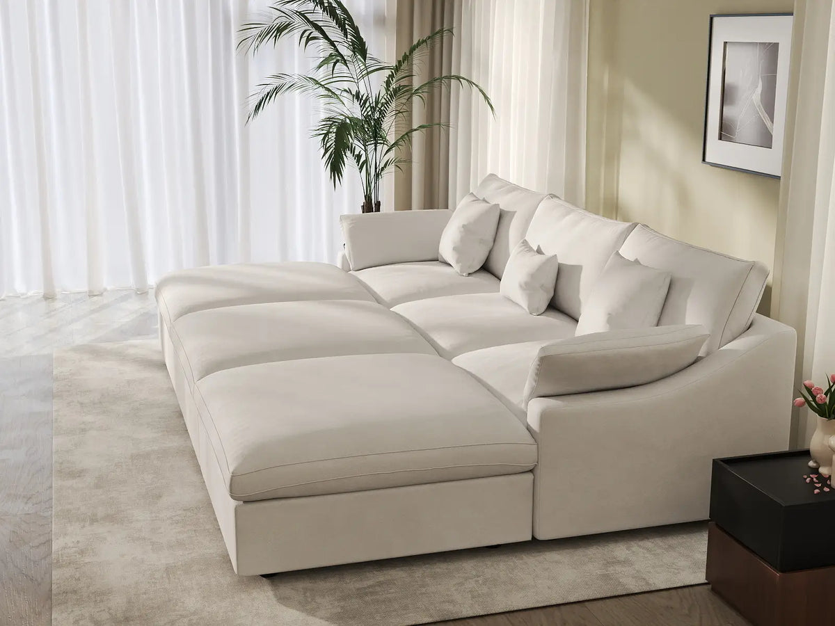 Deluxe Cloud 3-Seater White Washable Pit Sectional | 6-Piece (includes 3 Ottomans), Chenille and Linen Fabric, Modular Design