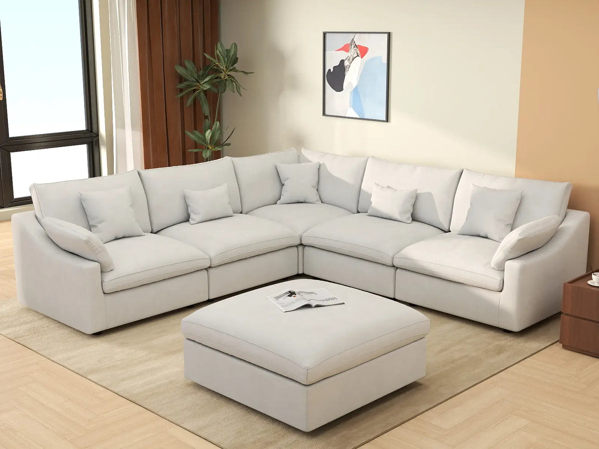 Deluxe Cloud 5-Seater White Washable Sofa Set | 6-Piece (includes 1 Ottoman), Chenille and Linen Fabric, Modular Design
