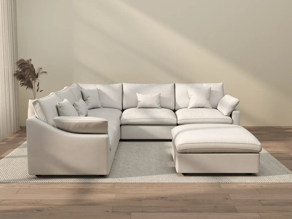 Deluxe Cloud 5-Seater White Washable Sofa Set | 6-Piece (includes 1 Ottoman), Chenille and Linen Fabric, Modular Design