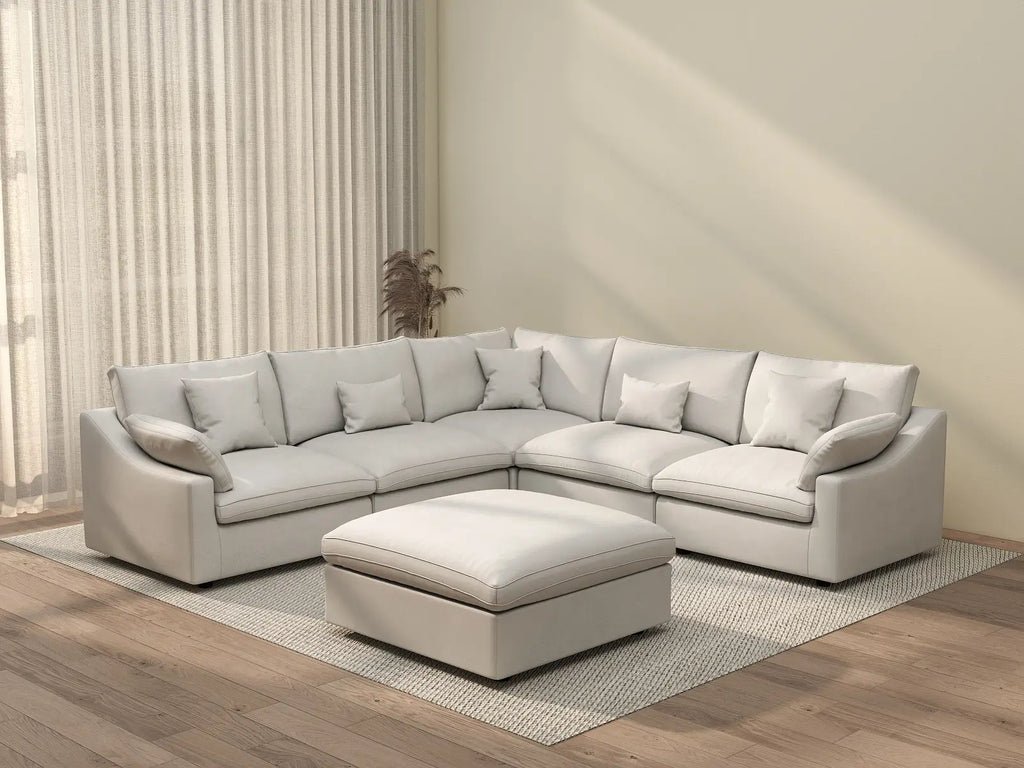 Deluxe Cloud 5-Seater White Washable Sofa Set | 6-Piece (includes 1 Ottoman), Chenille and Linen Fabric, Modular Design