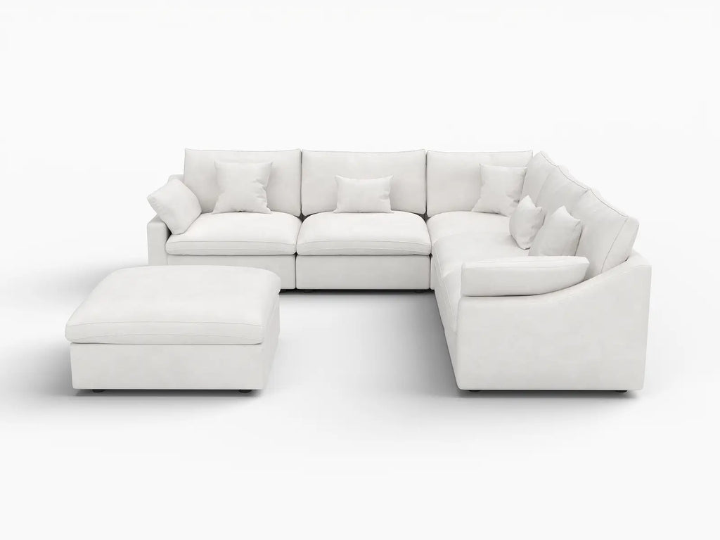Deluxe Cloud 5-Seater White Washable Sofa Set | 6-Piece (includes 1 Ottoman), Chenille and Linen Fabric, Modular Design