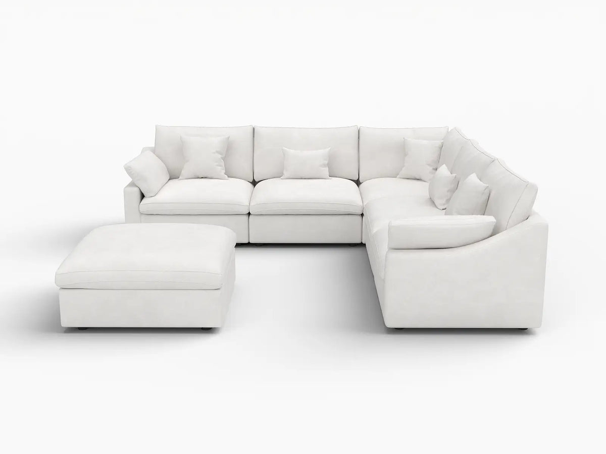Deluxe Cloud 5-Seater White Washable Sofa Set | 6-Piece (includes 1 Ottoman), Chenille and Linen Fabric, Modular Design