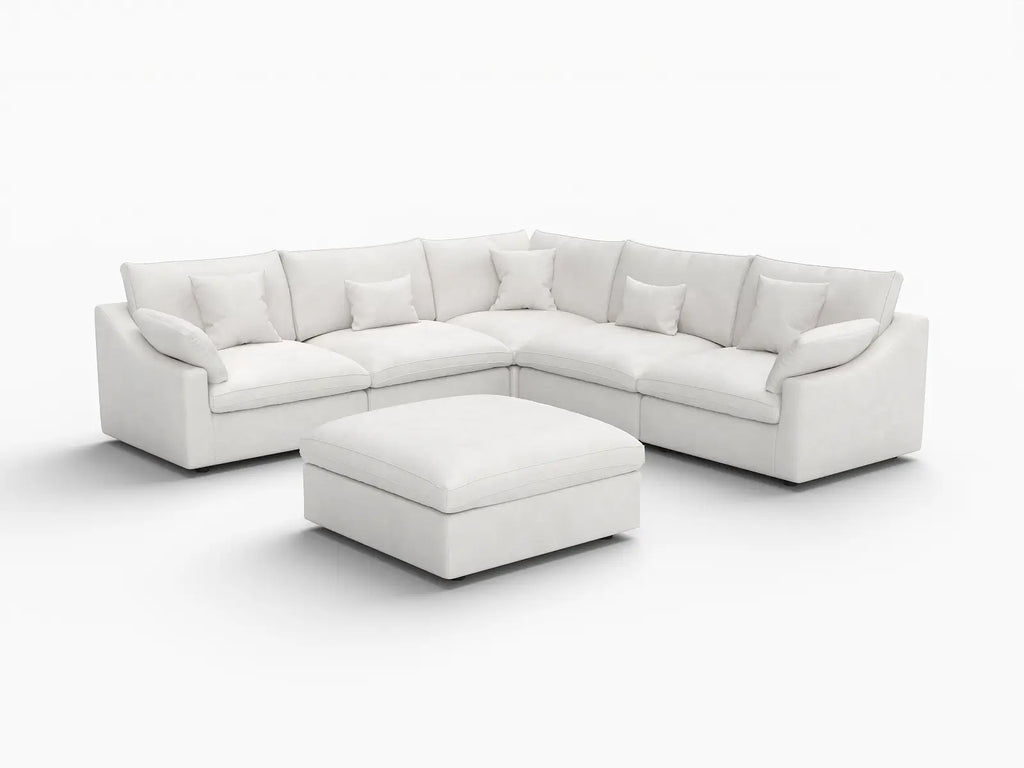 Deluxe Cloud 5-Seater White Washable Sofa Set | 6-Piece (includes 1 Ottoman), Chenille and Linen Fabric, Modular Design