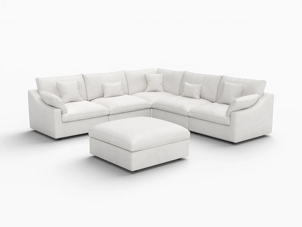 Deluxe Cloud 5-Seater White Washable Sofa Set | 6-Piece (includes 1 Ottoman), Chenille and Linen Fabric, Modular Design