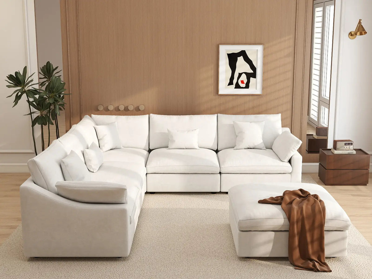 Deluxe Cloud 5-Seater White Washable Sofa Set | 6-Piece (includes 1 Ottoman), Chenille and Linen Fabric, Modular Design