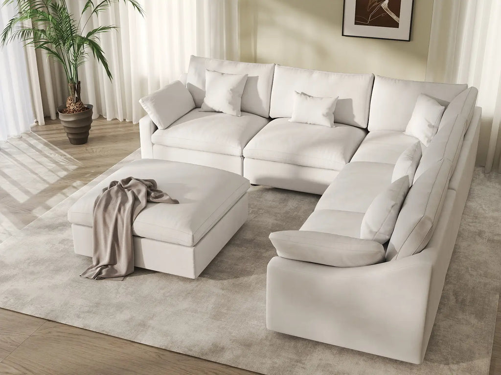 Deluxe Cloud 5-Seater White Washable Sofa Set | 6-Piece (includes 1 Ottoman), Chenille and Linen Fabric, Modular Design