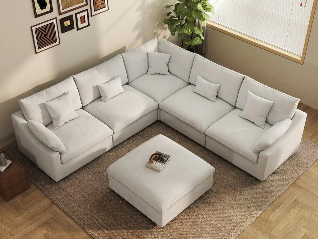 Deluxe Cloud 5-Seater White Washable Sofa Set | 6-Piece (includes 1 Ottoman), Chenille and Linen Fabric, Modular Design