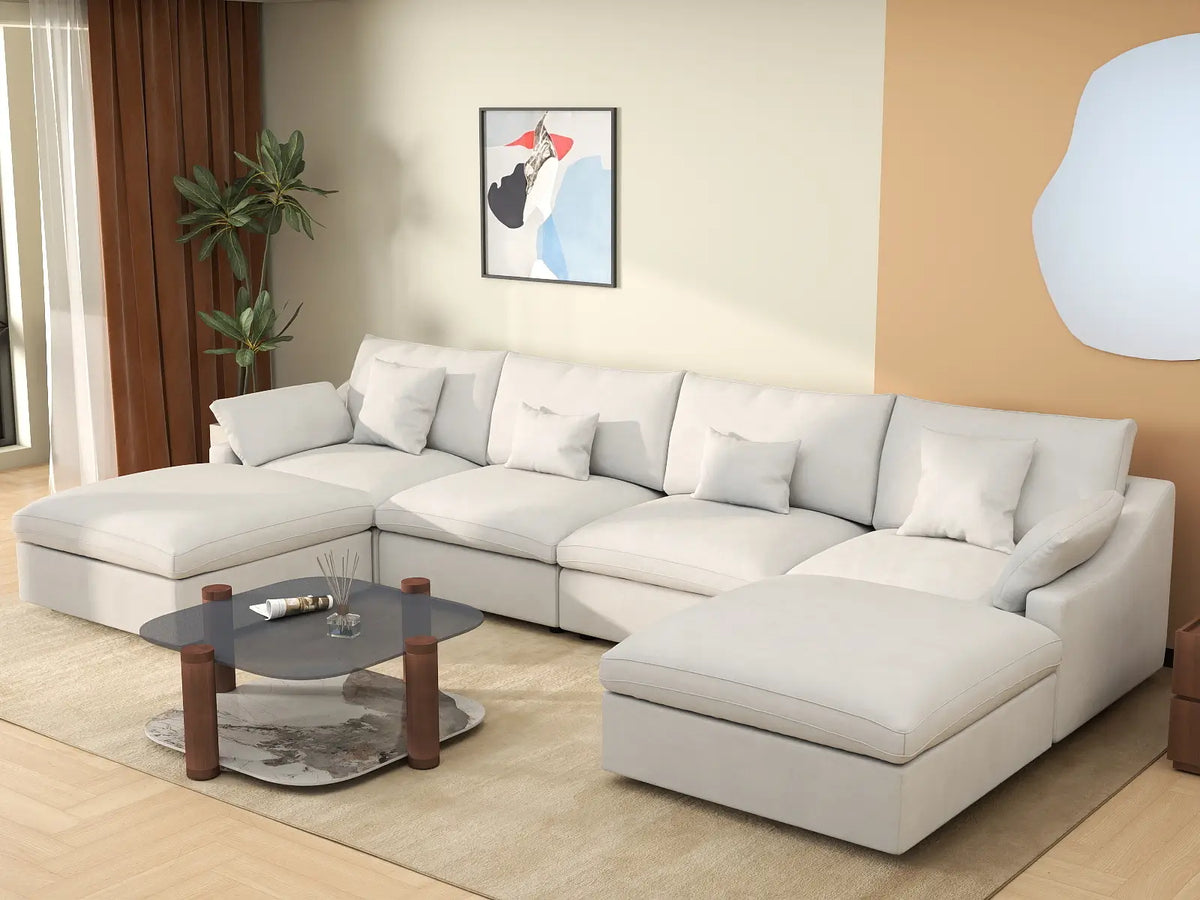 Deluxe Cloud 4-Seater White Washable U-Shaped Sectional | 6-Piece (includes 2 Ottomans), Chenille and Linen Fabric, Modular Design