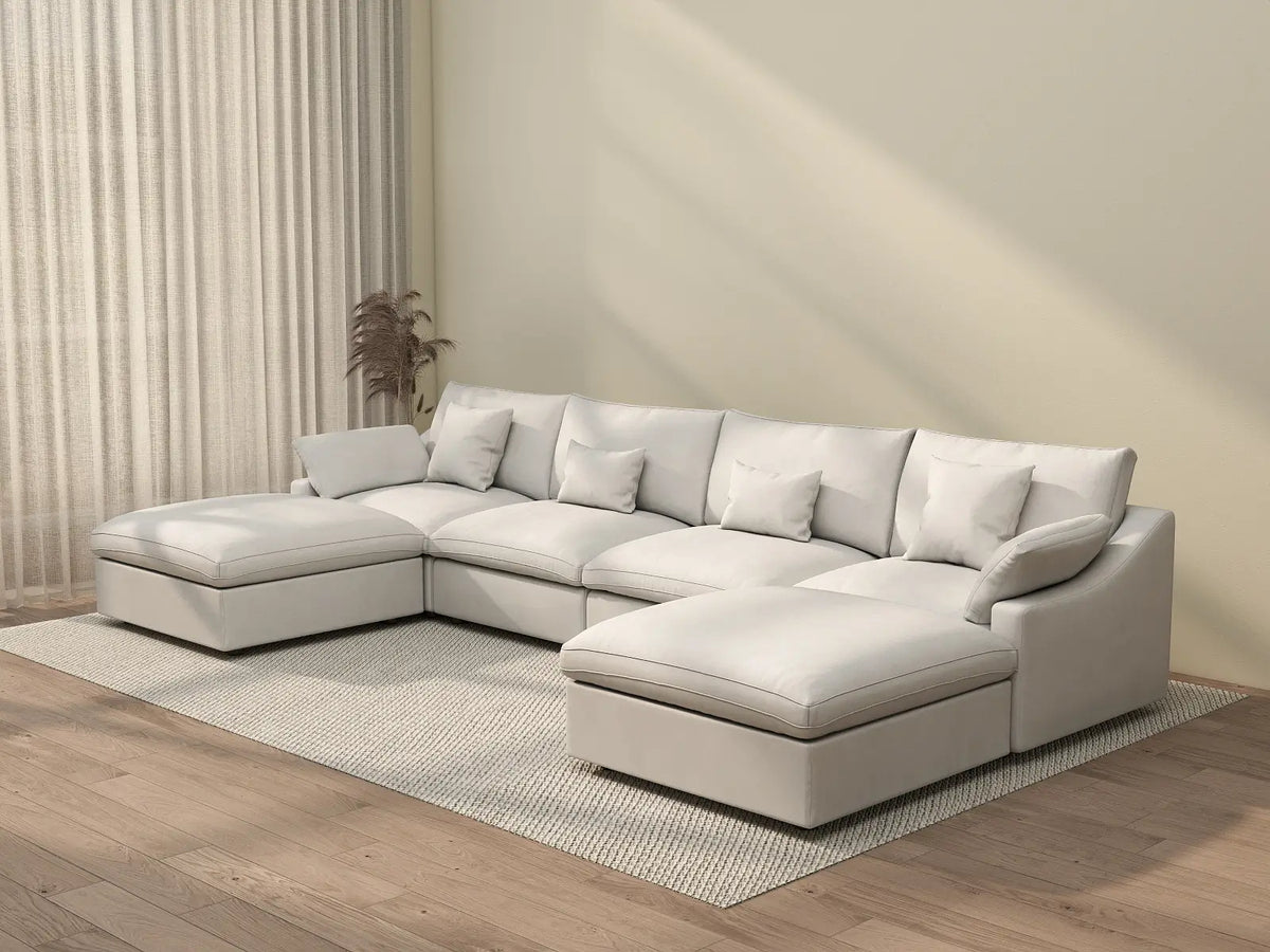 Deluxe Cloud 4-Seater White Washable U-Shaped Sectional | 6-Piece (includes 2 Ottomans), Chenille and Linen Fabric, Modular Design
