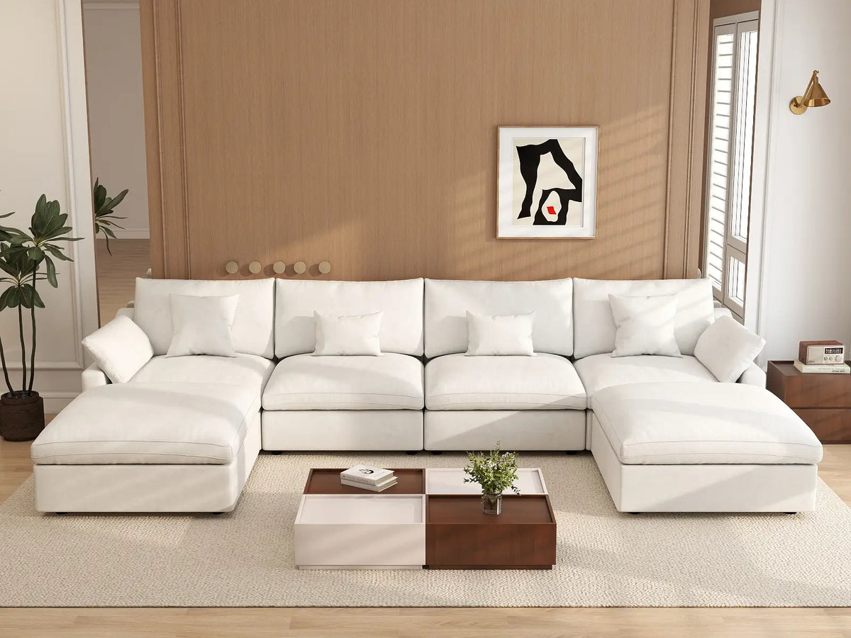Deluxe Cloud 4-Seater White Washable U-Shaped Sectional | 6-Piece (includes 2 Ottomans), Chenille and Linen Fabric, Modular Design