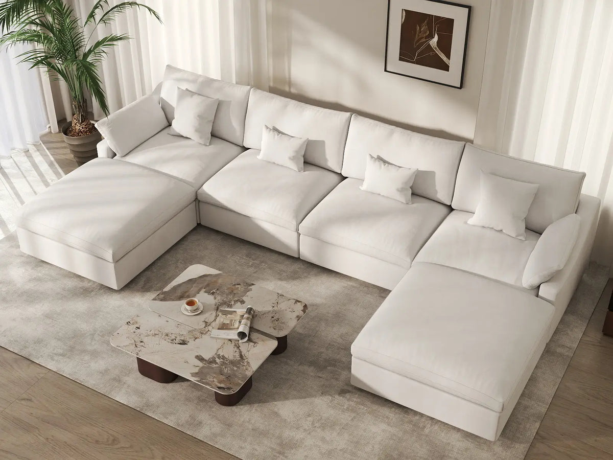 Deluxe Cloud 4-Seater White Washable U-Shaped Sectional | 6-Piece (includes 2 Ottomans), Chenille and Linen Fabric, Modular Design