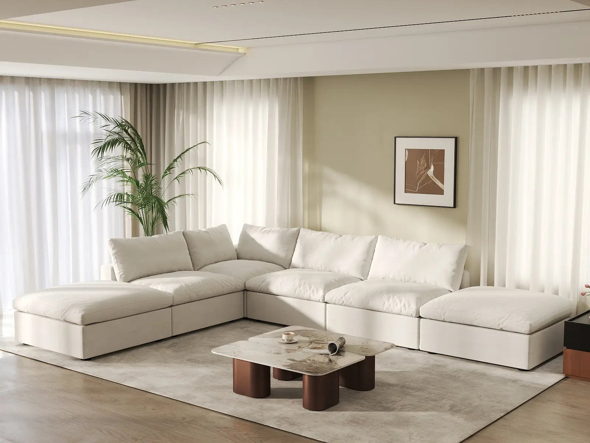 Deluxe Cloud 4-Seater White Storage L-Shaped Sectional | 6-Piece (includes 2 Ottomans), Cotton and Linen Fabric, Washable Covers