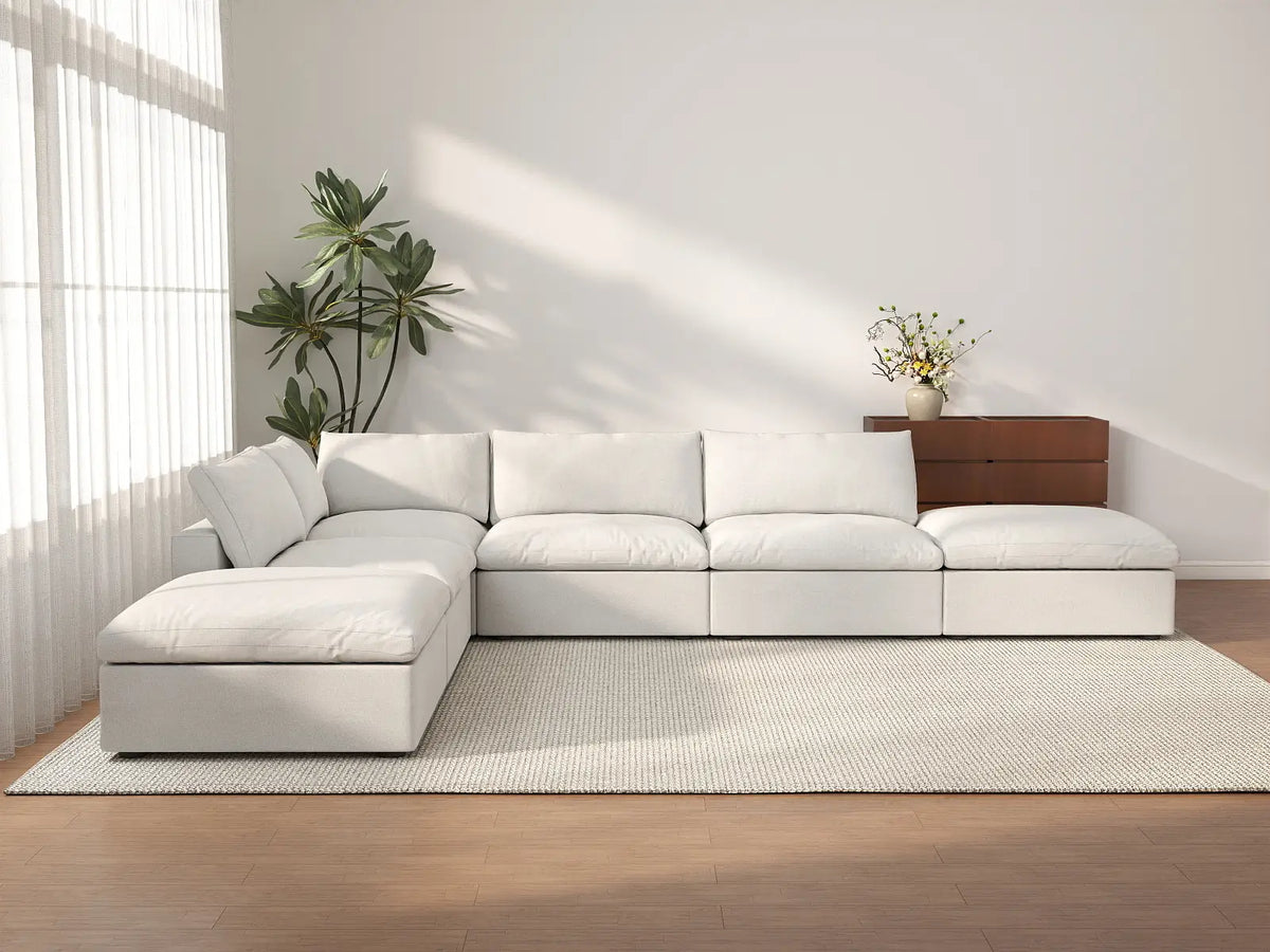 Deluxe Cloud 4-Seater White Storage L-Shaped Sectional | 6-Piece (includes 2 Ottomans), Cotton and Linen Fabric, Washable Covers