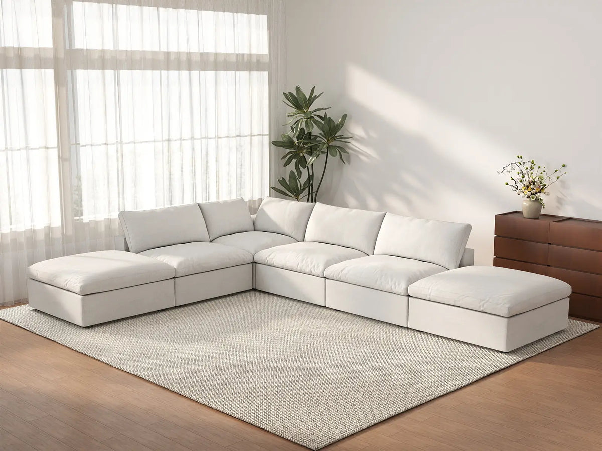 Deluxe Cloud 4-Seater White Storage L-Shaped Sectional | 6-Piece (includes 2 Ottomans), Cotton and Linen Fabric, Washable Covers