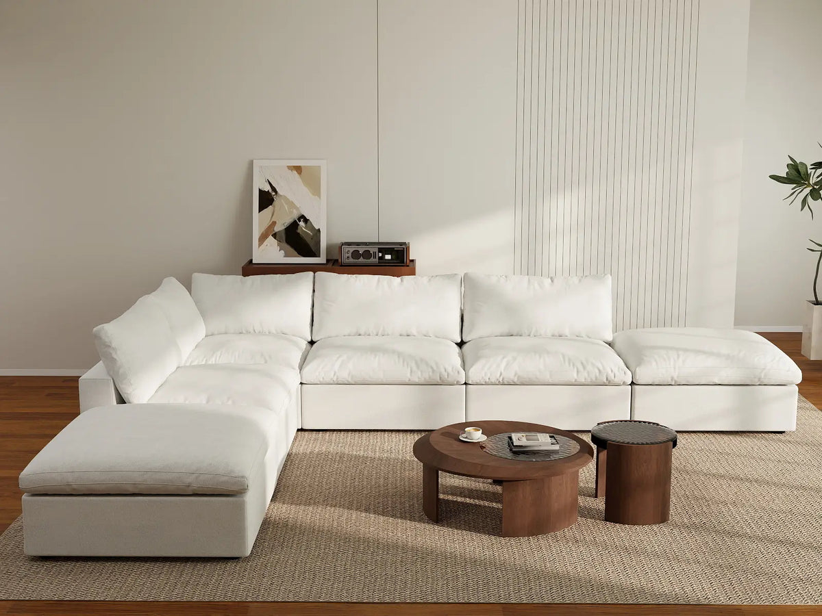 Deluxe Cloud 4-Seater White Storage L-Shaped Sectional | 6-Piece (includes 2 Ottomans), Cotton and Linen Fabric, Washable Covers