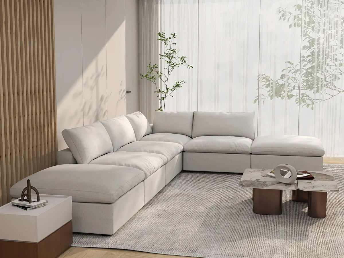 Deluxe Cloud 4-Seater White Storage L-Shaped Sectional | 6-Piece (includes 2 Ottomans), Cotton and Linen Fabric, Washable Covers