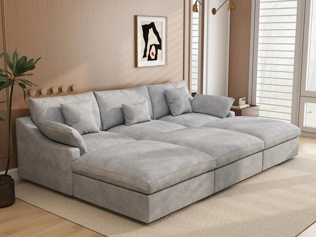 Deluxe Cloud 3-Seater Light-Grey Washable Pit Sectional | 6-Piece (includes 3 Ottomans), Chenille and Linen Fabric, Modular Design