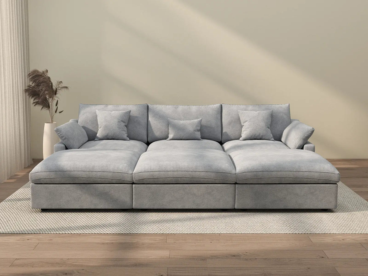 Deluxe Cloud 3-Seater Light-Grey Washable Pit Sectional | 6-Piece (includes 3 Ottomans), Chenille and Linen Fabric, Modular Design