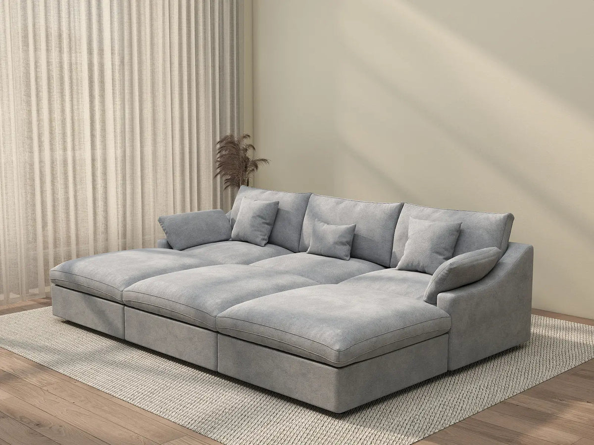 Deluxe Cloud 3-Seater Light-Grey Washable Pit Sectional | 6-Piece (includes 3 Ottomans), Chenille and Linen Fabric, Modular Design