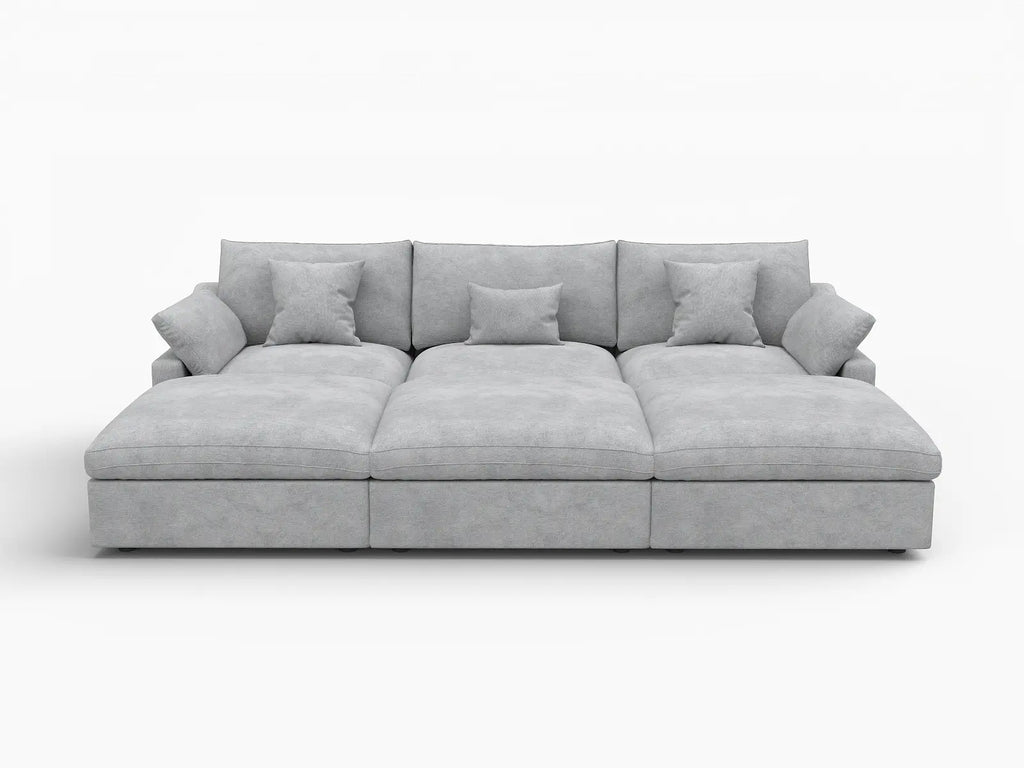 Deluxe Cloud 3-Seater Light-Grey Washable Pit Sectional | 6-Piece (includes 3 Ottomans), Chenille and Linen Fabric, Modular Design