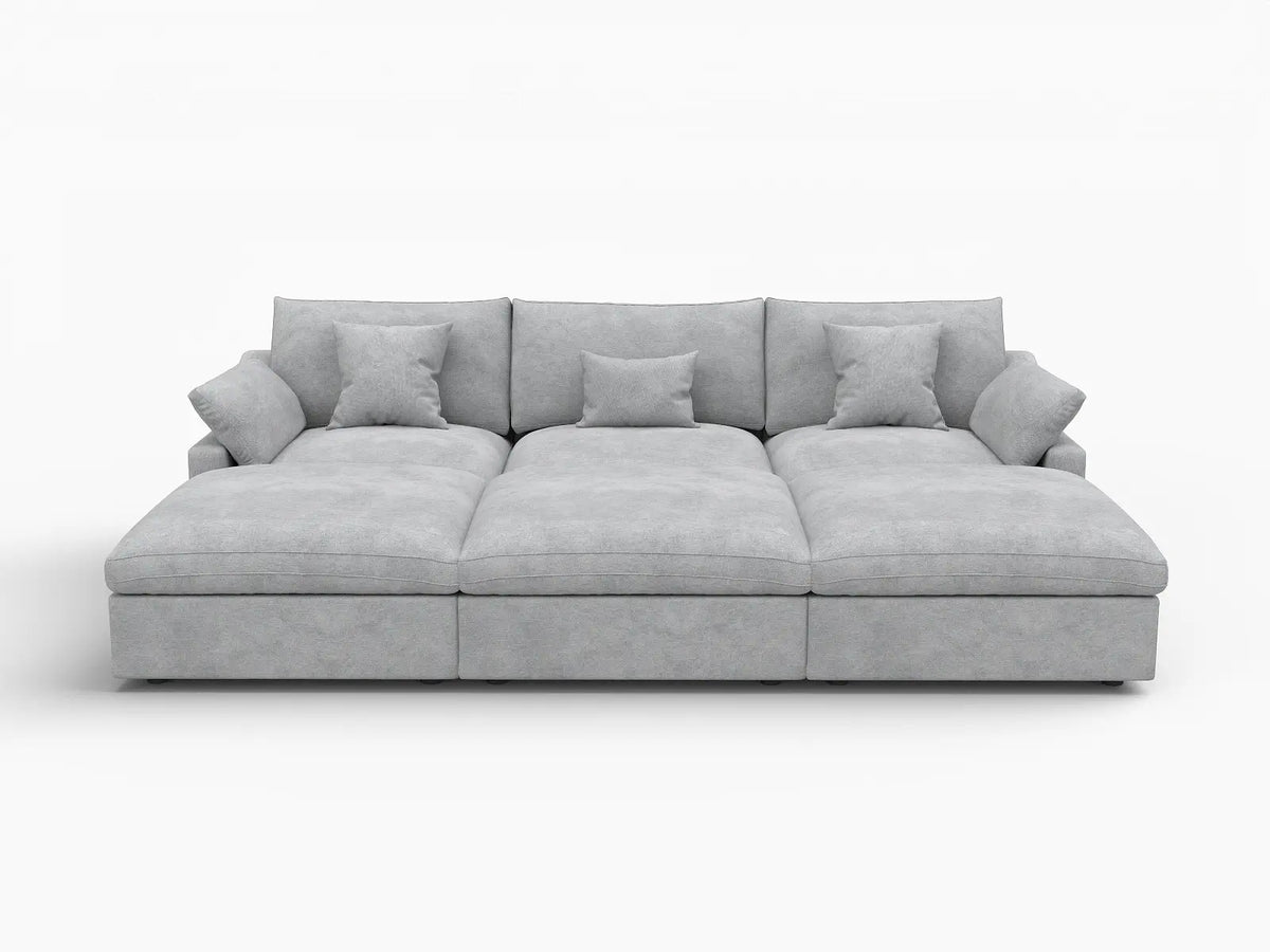 Deluxe Cloud 3-Seater Light-Grey Washable Pit Sectional | 6-Piece (includes 3 Ottomans), Chenille and Linen Fabric, Modular Design