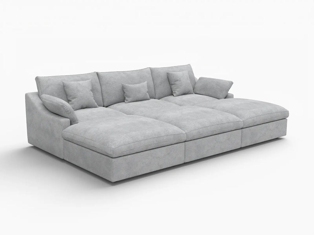 Deluxe Cloud 3-Seater Light-Grey Washable Pit Sectional | 6-Piece (includes 3 Ottomans), Chenille and Linen Fabric, Modular Design