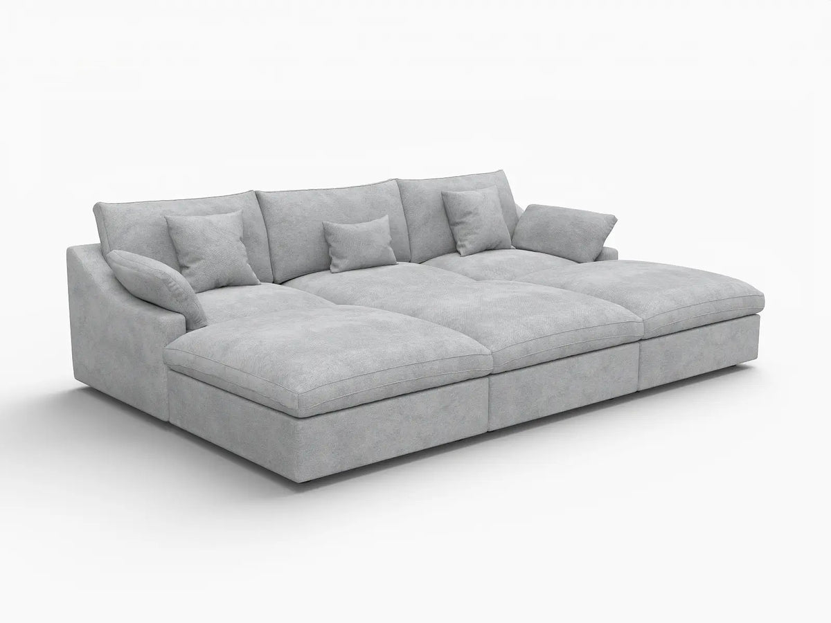 Deluxe Cloud 3-Seater Light-Grey Washable Pit Sectional | 6-Piece (includes 3 Ottomans), Chenille and Linen Fabric, Modular Design