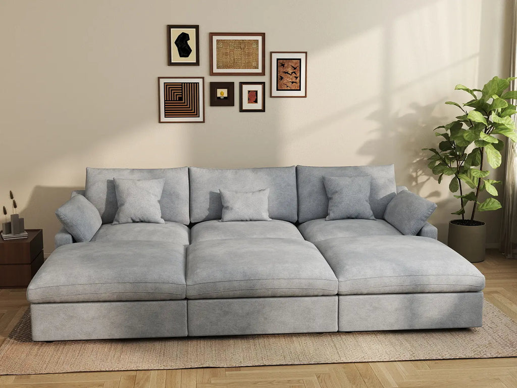 Deluxe Cloud 3-Seater Light-Grey Washable Pit Sectional | 6-Piece (includes 3 Ottomans), Chenille and Linen Fabric, Modular Design