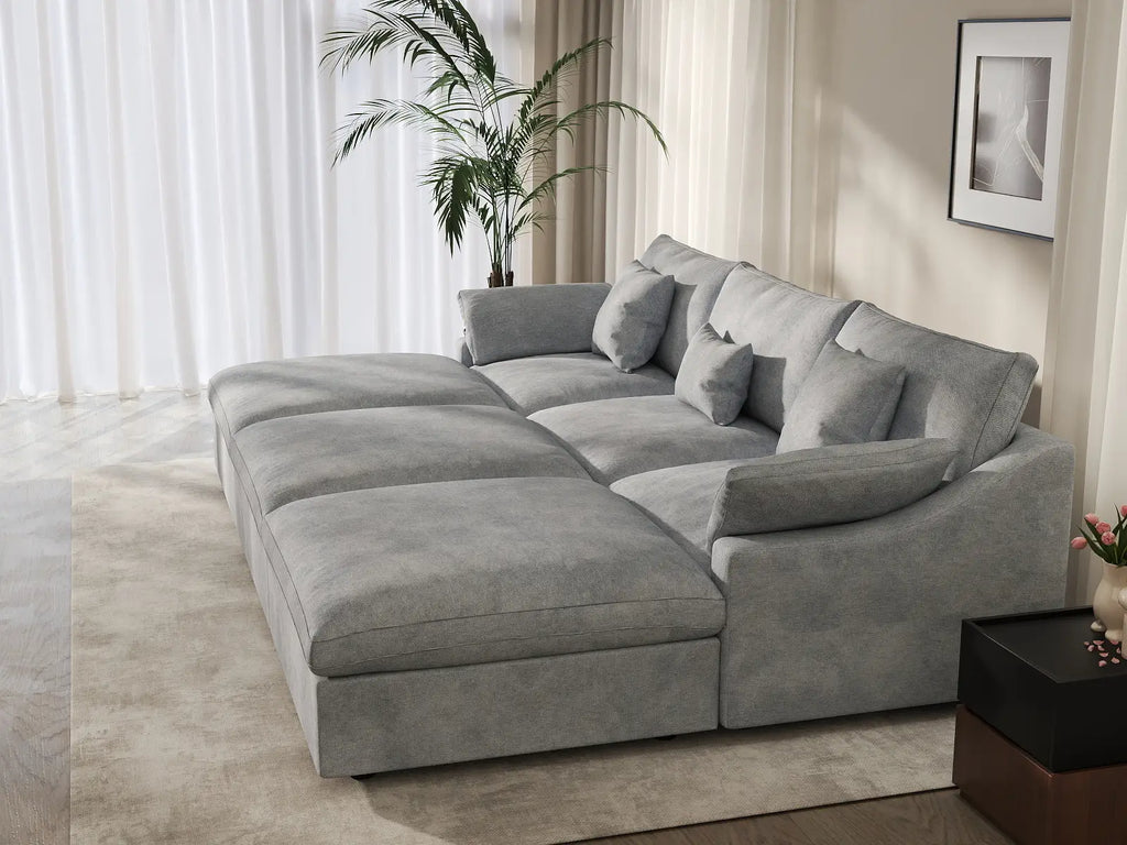 Deluxe Cloud 3-Seater Light-Grey Washable Pit Sectional | 6-Piece (includes 3 Ottomans), Chenille and Linen Fabric, Modular Design
