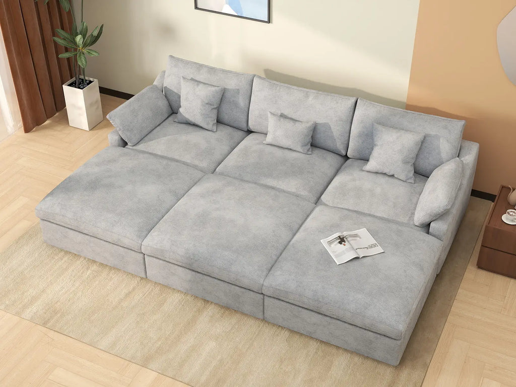 Deluxe Cloud 3-Seater Light-Grey Washable Pit Sectional | 6-Piece (includes 3 Ottomans), Chenille and Linen Fabric, Modular Design