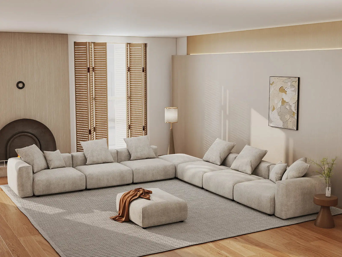 Matrix 6-Seater Beige Washable Sofa Set | 8-Piece (includes 2 Ottomans), Corduroy Fabric, Modular Design