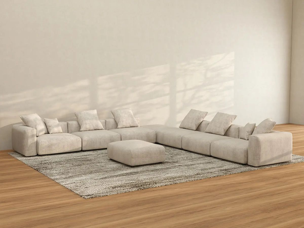 Matrix 6-Seater Beige Washable Sofa Set | 8-Piece (includes 2 Ottomans), Corduroy Fabric, Modular Design