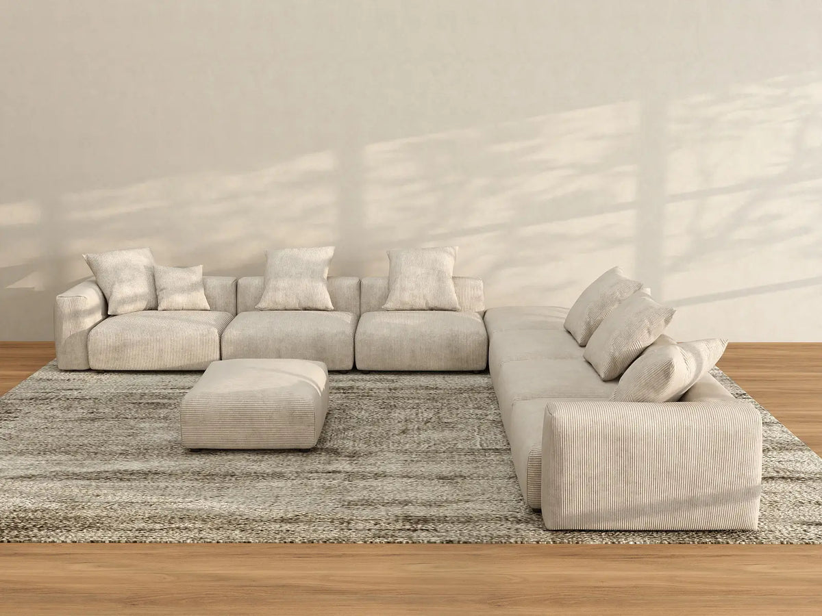 Matrix 6-Seater Beige Washable Sofa Set | 8-Piece (includes 2 Ottomans), Corduroy Fabric, Modular Design