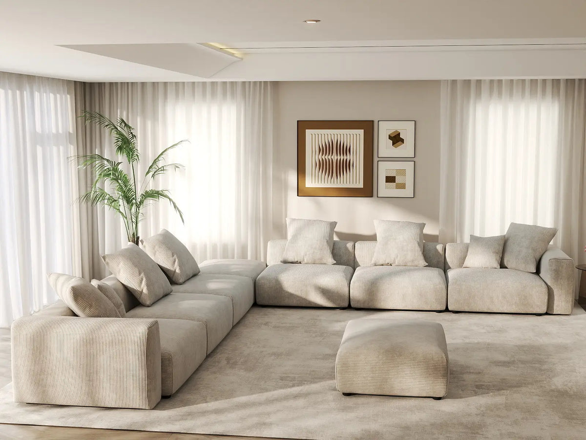 Matrix 6-Seater Beige Washable Sofa Set | 8-Piece (includes 2 Ottomans), Corduroy Fabric, Modular Design