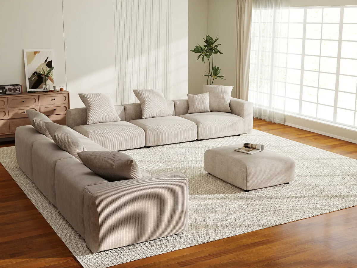 Matrix 6-Seater Beige Washable Sofa Set | 8-Piece (includes 2 Ottomans), Corduroy Fabric, Modular Design