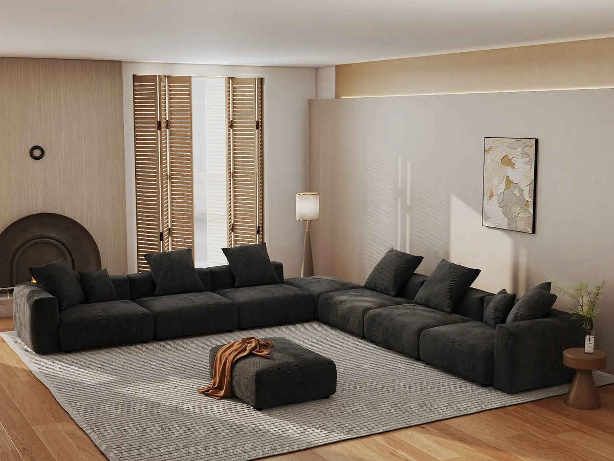 Matrix 6-Seater Black Washable Sofa Set | 8-Piece (includes 2 Ottomans), Corduroy Fabric, Modular Design