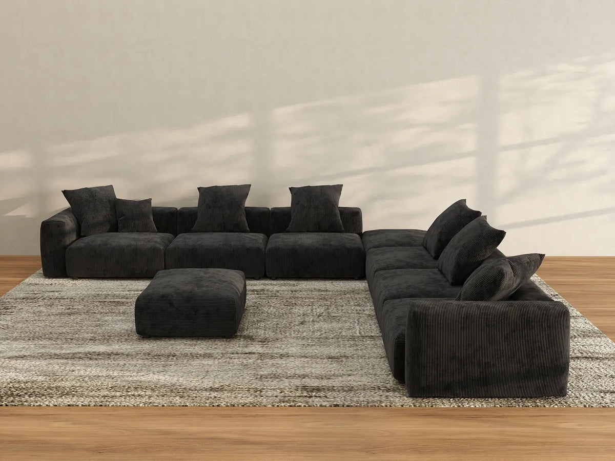 Matrix 6-Seater Black Washable Sofa Set | 8-Piece (includes 2 Ottomans), Corduroy Fabric, Modular Design