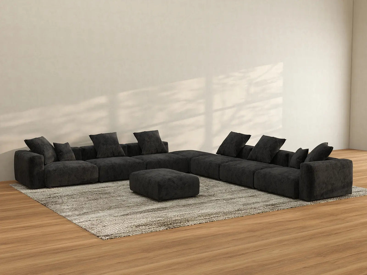 Matrix 6-Seater Black Washable Sofa Set | 8-Piece (includes 2 Ottomans), Corduroy Fabric, Modular Design