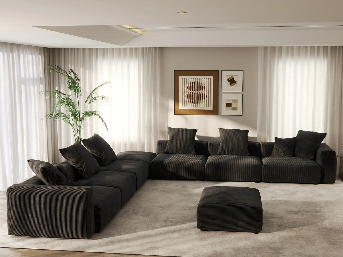 Matrix 6-Seater Black Washable Sofa Set | 8-Piece (includes 2 Ottomans), Corduroy Fabric, Modular Design