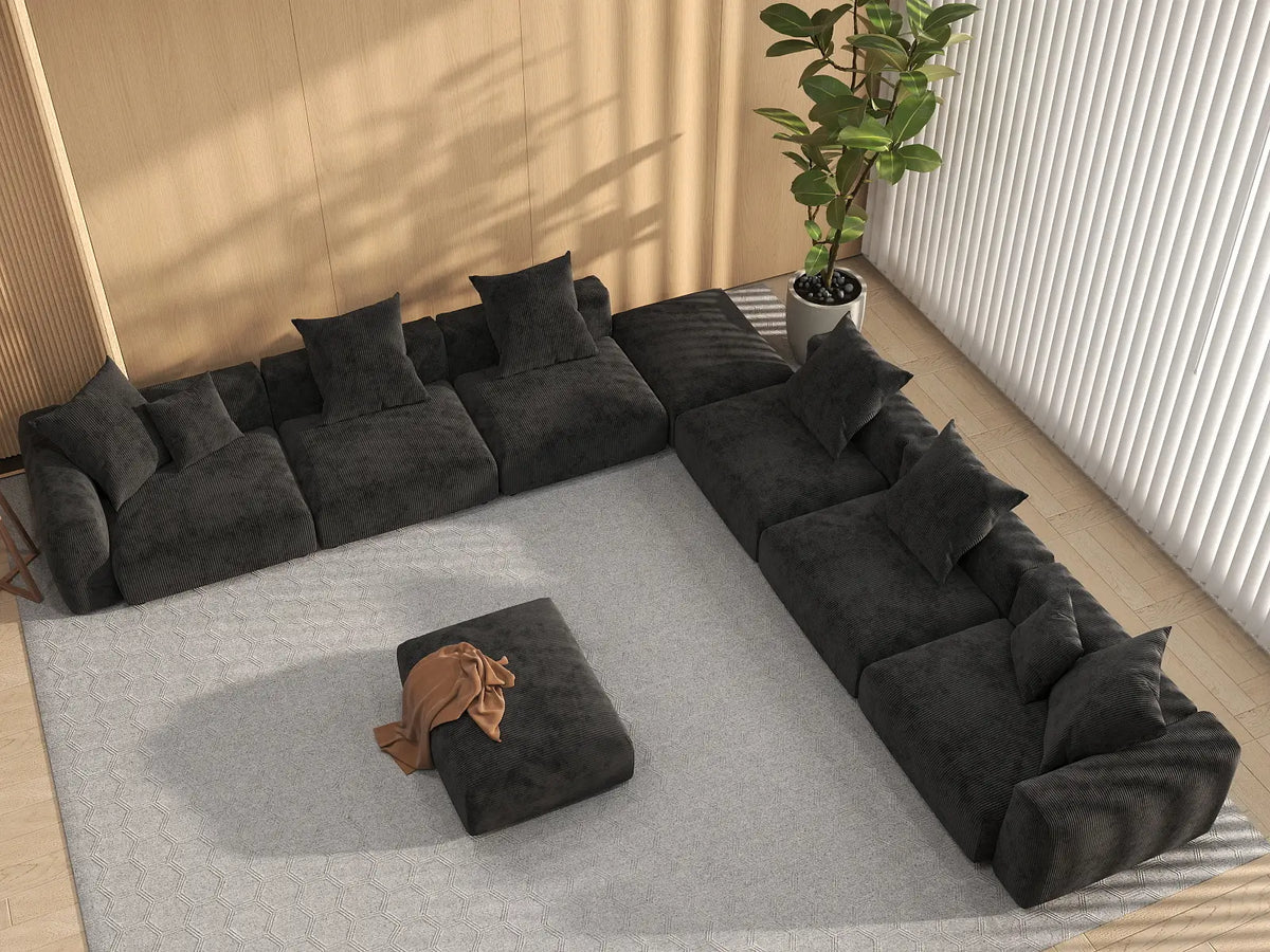 Matrix 6-Seater Black Washable Sofa Set | 8-Piece (includes 2 Ottomans), Corduroy Fabric, Modular Design