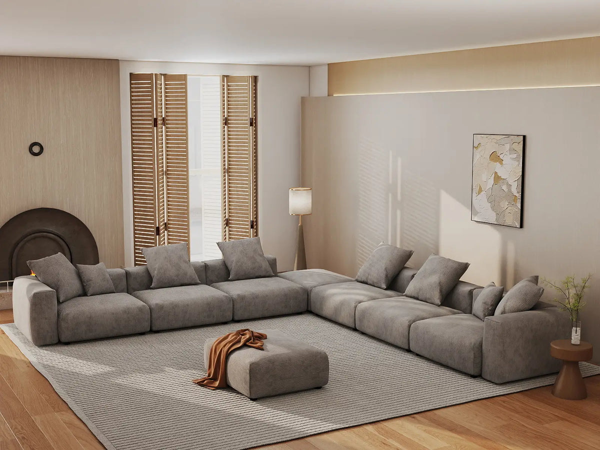 Matrix 6-Seater Brown Washable Sofa Set | 8-Piece (includes 2 Ottomans), Corduroy Fabric, Modular Design