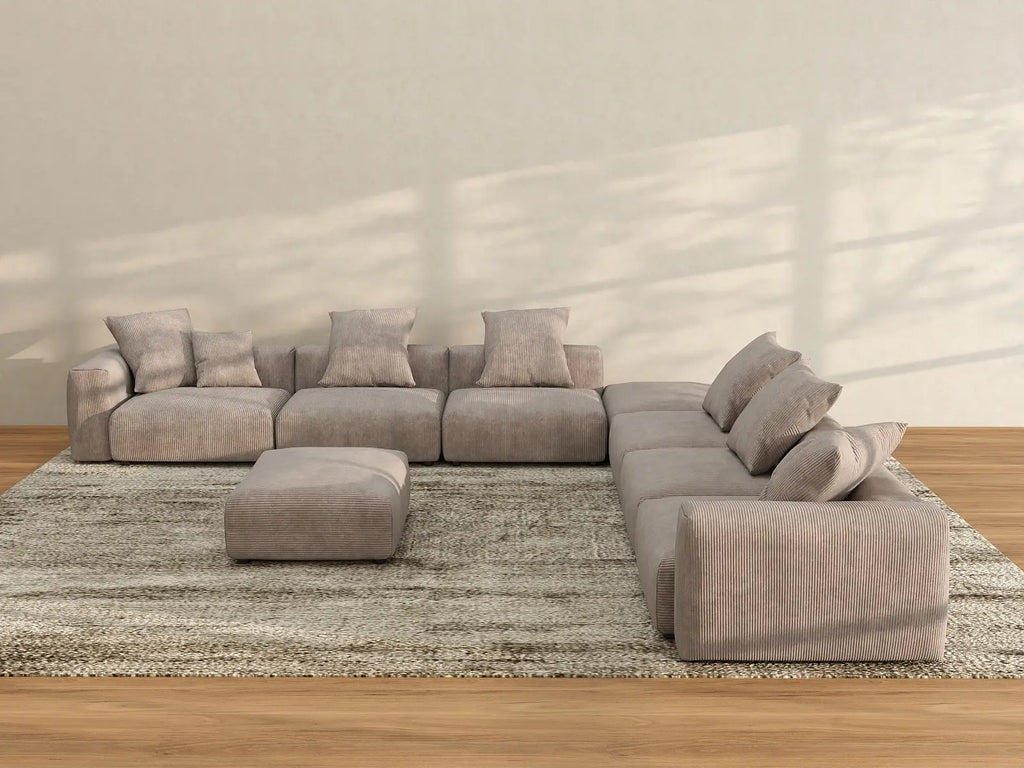 Matrix 6-Seater Brown Washable Sofa Set | 8-Piece (includes 2 Ottomans), Corduroy Fabric, Modular Design