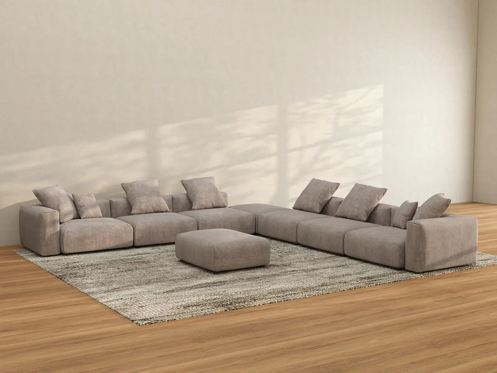 Matrix 6-Seater Brown Washable Sofa Set | 8-Piece (includes 2 Ottomans), Corduroy Fabric, Modular Design